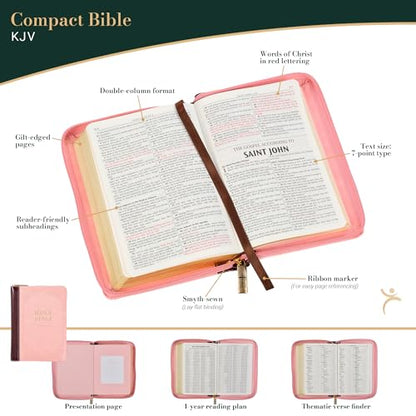 KJV Holy Bible, Compact Faux Leather Red Letter Edition - Ribbon Marker, King James Version, Pink/Burgundy, Zipper Closure (KJV Compact Editions)