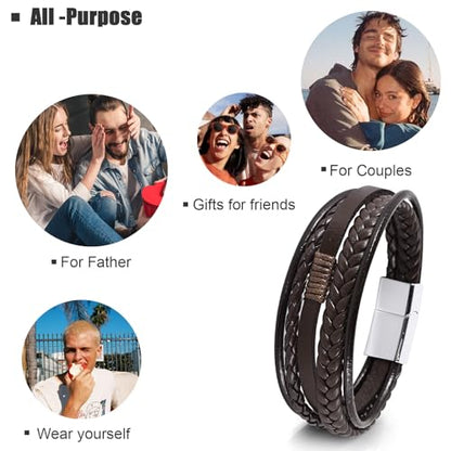 Leather Bracelet for Men Braided Stainless Steel Mens Bracelets - color: Brown-SilverBuckle