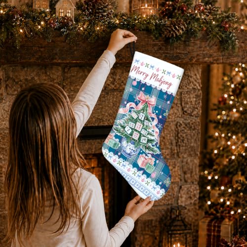 Chinoiserie Blue Plaid Christmas Mahjong Tree Stockings 16 Inch - color: Christmas17