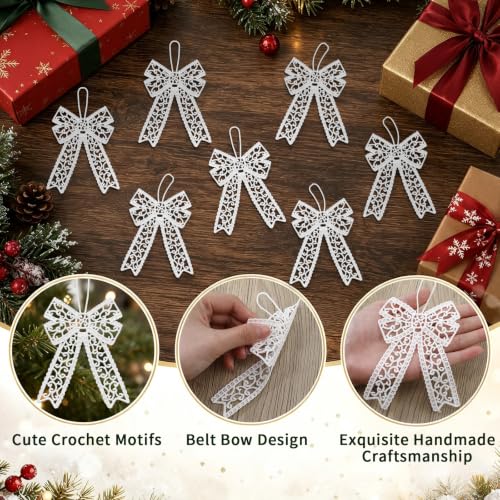 Lunmon 48 Pcs Christmas Crochet Bows Ornaments for Christmas Tree, White - style: Bows