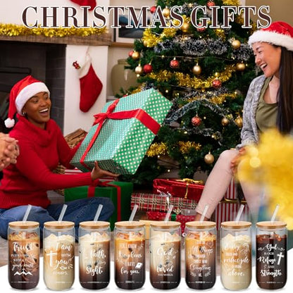 Skylety 32 Sets Christian Glass Cups for Women with Lids Straws Brushes