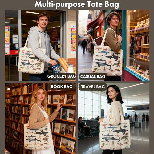 Large Tote Shopping Bag Cotton Canvas-Reusable grocery Bag with Zipper Aesthetic Reusable Shoulder Bag - style: Style-b