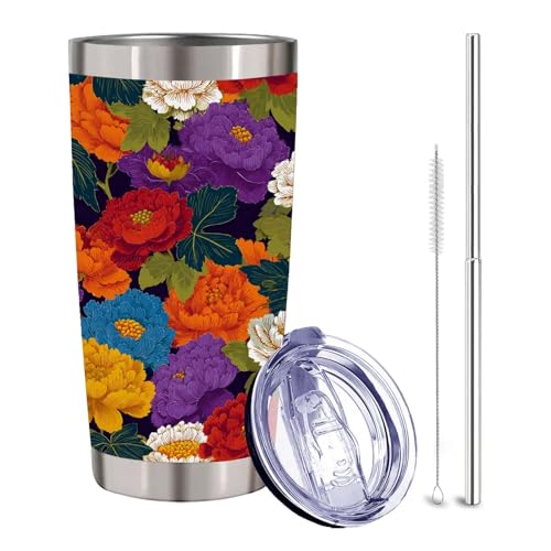 Peony Floral 20 oz Tumbler | Vacuum-Insulated Stainless Steel | Vintage Purple & Orange Flower Travel Mug with Lid & Telescope Straw | Colorful Hot & Cold Coffee Cup | Gifts for Women - color: Colorful Peony
