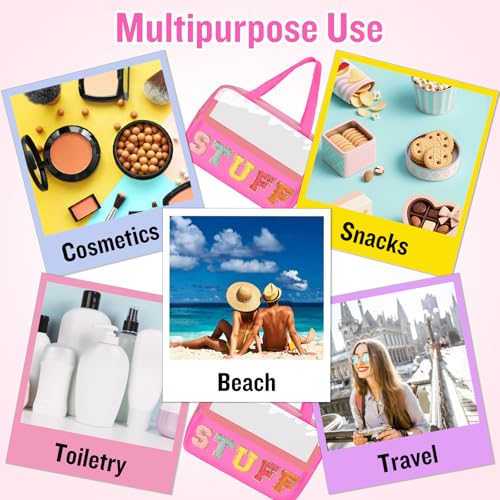 Chenille Letter Clear Makeup Bags Stuff Tote, Preppy Patch Makeup Bag Zipper with Handle, Waterproof PVC & Nylon Portable Glitter Large Cosmetic Travel Toiletry Storage for Women Girls(STUFF-Rose) - color: STUFF-Rose
