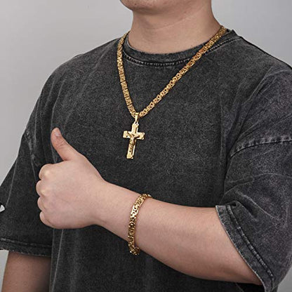 Mens Stainless Steel Silver Gold Jesus Cross Pendant Necklace Chain Bracelet Set Jewelry 45/50/55/60/65/70/75cm - style: Style 01-Color Yellow