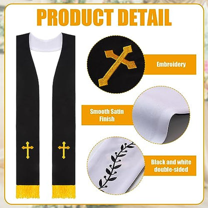 Panitay Embroidered Wedding Reversible Stole with Tassels Clergy Mass Stole with Cross Wedding Pastor Shawl - color: Black and White, style: Trendy