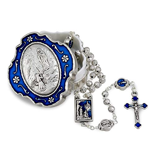 Catholic Rosary Beads with Metal Keepsake Gift Box Set - color: Lourdes Blue