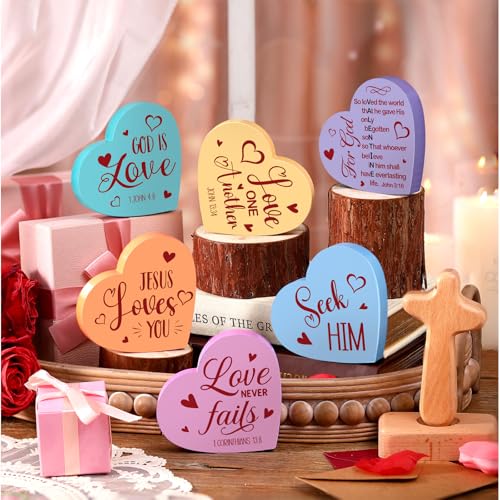 Funnymoom 6 Pcs Valentines Day Decorations Wooden Sign Christian Valentines Day Table Decorations Wood Heart Table Centerpiece Religious Bible Verses Tabletop Decor for Home Kitchen Office Desk Decor
