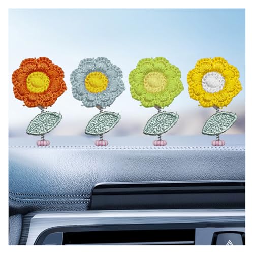 4PCS Handmade Crochet Sunflower Car Dashboard Decorations, Cute Shaking Head Car Ornament Present for Women Girl, Universal Automotive Interior Accessories for Cars/SUVs/Trucks(Red) - color: Red