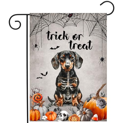 Halloween Dachshund Garden Flag Trick or Treat Yard Sign Ghost Wiener Dog Skeleton Banner for Outside 12x18 Double Sided Outdoor Lawn Decor Small - color: halloweendachshund