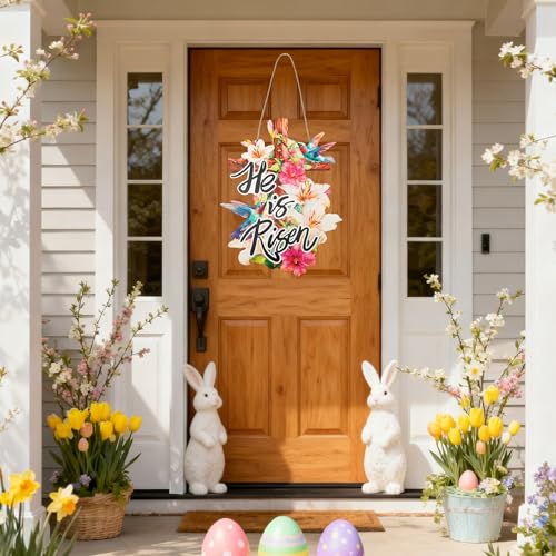 Easter Door Sign - Christian Religious Jesus Cross Wall Signs Door Wreath Sign Hanging for Home Wall Party Outdoor Indoor Supply Decor Gifts 14.6×11.4 Inch