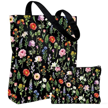 2 Pack Canvas Tote Bag with Makeup Zipper Pouch Colorful Polyester Printed Reusable Shopping Bags for Women - style: Black Flower