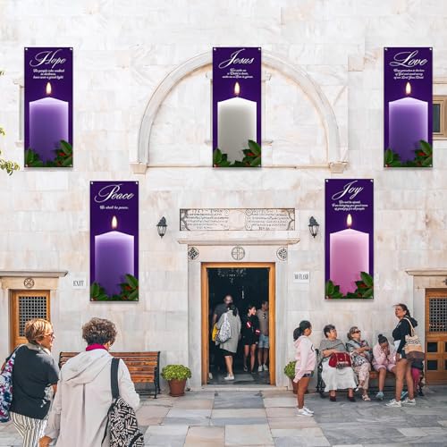 5Pcs 2x5 Ft Religious Church Banner with Scripture Christian Candles Banners for Sanctuary Wall Hope Peace Joy Love Jesus Prayer Flag Welcome Religious Praise Hanging Signs Decor for Holiday Church - size: 2x5Ft