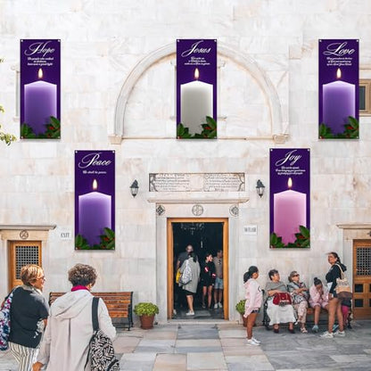 5Pcs 2x5 Ft Religious Church Banner with Scripture Christian Candles Banners for Sanctuary Wall Hope Peace Joy Love Jesus Prayer Flag Welcome Religious Praise Hanging Signs Decor for Holiday Church - size: 2x5Ft