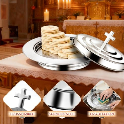 Silver Communion Bread Tray with Lid, Stainless Steel Holy Communion Tray for Churches, Polished Church Supplies Ware (304 Stainless) - color: Silver Communion Bread Tray