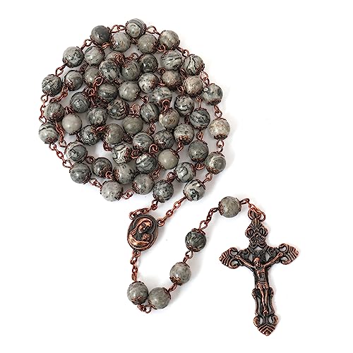 Nazareth Store Natural Stone Beads 8mm Rosary Necklace Antique Copper Design Holy Soil Medal & Cross in Velvet Bag - Catholic Rosaries Terra Santa Jerusalem Collection - color: Map Stone