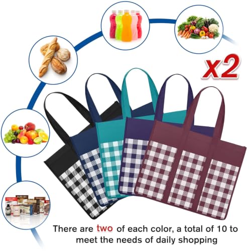 Reusable Grocery Shopping Bags 10 Pack Large Foldable Tote Bags Bulk - color: Plaid: Black,cyan,blue,claret,purple