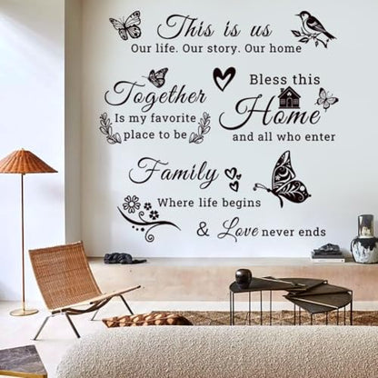 Family Vinyl Wall Decor Stickers This is Us, Together, Home, Family Scripture Quote Wall Decals, Butterfly Decal Inspirational Quotes Sticker Set for Home Office Decor(Black)
