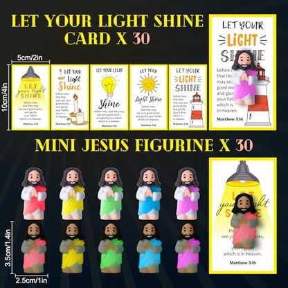 CroBlissful 30 Sets Mini Jesus Figurines Bulk Christian Glow in The Dark with Let Your Light Shine Cards for Christian Sunday School Religious Party Favor Halloween(Hands Together) - style: Hands Together