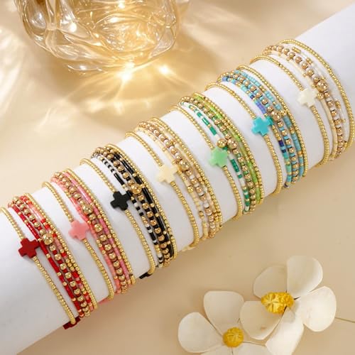 Gold Beaded Bracelets Stack for Women Stackable 14K Gold Plated Beads Ball Cross Bracelet Boho Christian Jewelry Faith Friendship Birthday Gifts for Women - color: Blue