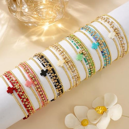 Gold Beaded Bracelets Stack for Women Stackable 14K Gold Plated Beads Ball Cross Bracelet Boho Christian Jewelry Faith Friendship Birthday Gifts for Women - color: Green