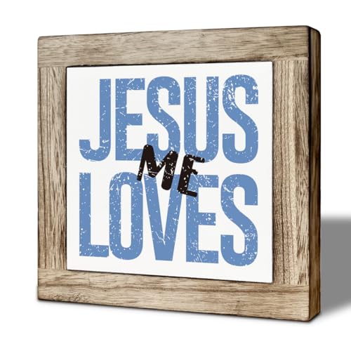 Christian Wooden Desk Decor Wooden Box Sign, Jesus Loves Me, Farmhouse Bible Verse Tabletop Sign, Inspirational Religious Faith Decor for Home Office 5.9x5.9 Inches - color: color11