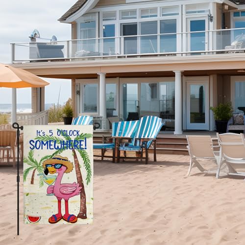 Hello Summer Garden Flag It's 5 O'Clock Somewhere Flamingo12x18in - color: Pink Summer