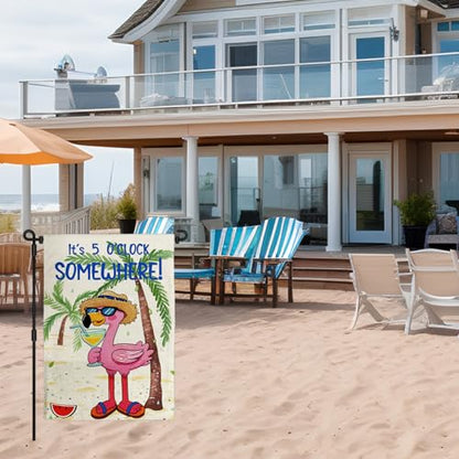 Hello Summer Garden Flag It's 5 O'Clock Somewhere Flamingo12x18in - color: Pink Summer