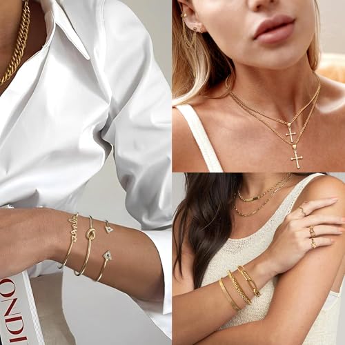 EIELO 90pcs Gold Jewelry Set for Women with 7 Necklaces, 11 Bracelets, 12 Hoop Earrings 24 Ear Studs, 14 Ear Cuffs, 22 Knuckle Rings for Womens Gold Plated Fashion Jewelry Set