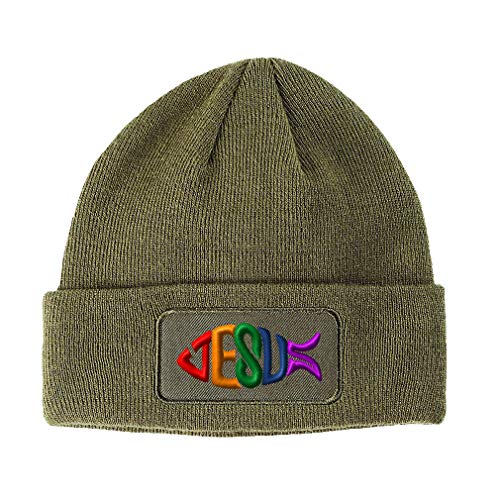 Speedy Pros Patch Beanie Jesus Fish Christian Christ God Skull Cap Hats for Men & Women Winter Acrylic One Size Black - color: Olive Green