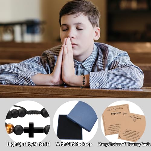 Baptism Gifts for Boys,Braided Rope Cross Bracelet Gift for Kids,First Holy Communion Gifts for Boys Christian Christening Graduation - color: Cross Beads-Baptism