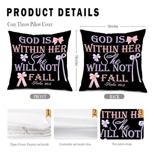 Pink and Purple Coquette Bow Bible Pillow Cover 18x18, Girly Room Decor, God is Within Her She Will Not Fall Christian Decorative Throw Pillow Cover for Girls Bedroom Dorm Home - color: Color 01