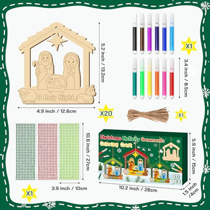 BeYumi Christmas Wooden House Craft - 20Pcs DIY Wooden House Ornaments Craft Kit for Kids Make Your Own Nativity Decor Christian Religious Xmas Crafts with Gem Sticker Church Party Decoration Supplies - style: Nativity House