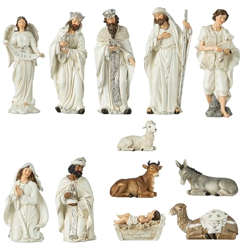 Glitzhome 15.5" x 36" Large Ivory Nativity Figurines Set for Tabletop Decorations, Christmas Resin Scenes Figures Sets Table Topper Ornaments, 12Pcs Christmas Collectibles Figurines Statue Decor - color: Ivory Nativity Figurines