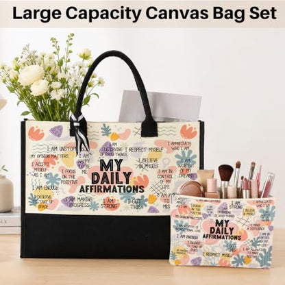 jeilink Inspirational Religious Gifts Boss Mom Birthday Christmas Tote Bag Canvas Reusable Grocery Beach Tote Black Pink - color: Daily Affirmations 1712