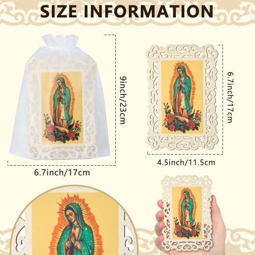32 Pcs Our Lady of Guadalupe Wooden Picture Frames with Cross and Organza Gift Bags, Baptism Favors for Guests, First Communion, Christening, Memorial Catholic Gifts, Religious Decorations for Home or Church (Our Lady of Guadalupe)