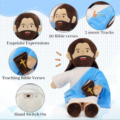 Yelakey Jesus Plush - 13.4“ Voice Jesus Plush Toy Speaking 20 Bible Verses and Singing 3 Bible Songs, Religious Stuffed Doll for Kids, Christian Easter Gift for Church and Sunday School - color: Brownblue