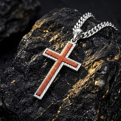 MRENITE Silver Natural Stone Cross Necklace, Classic Latin Cross Pendant Necklace for Unisex Women Man, Vintage Crystal Quartz Cross Necklace with 20+2 Inches Adjustable Cuban Chain - style: Red Sandstone