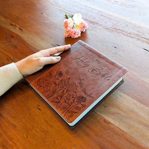 Personalized ESV Journaling Study Bible | Custom Engraved Name | Wide Margin Bible for Notes | Christian Gift for Men & Women (Flowers Personalized) - color: Leather