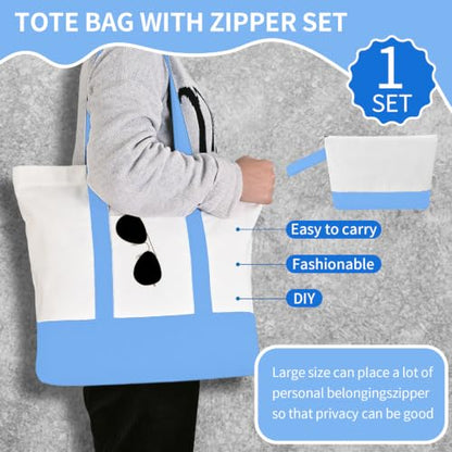2-Pack Canvas Tote Bags and Makeup Bags, Cotton Zipper Bag, Sky Blue - color: Sky Blue/White