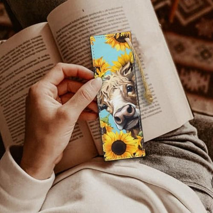 2 Pack Leather Cow Sunflower Bookmark Bookmarks for Teachers, Students, Book Lovers Pocket Kitten Fun Book Marks for Reading Cool Bookmarks, Adults Kids - color: Cow and Sunflower Pattern