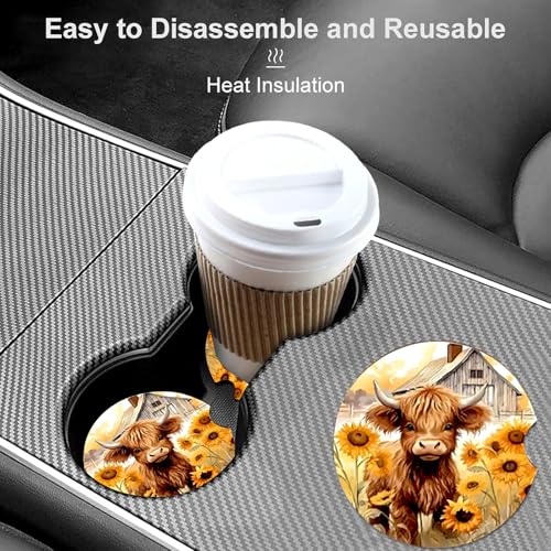 2 Pack Highland Cow Car Cup Holder Coasters,Universal Neoprene Coasters - color: Highland Cow