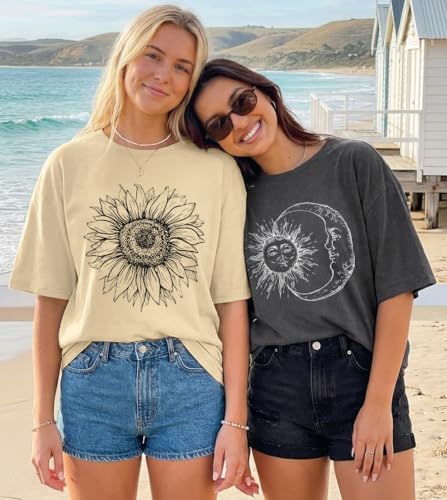 Womens Oversized Tshirt Graphic Tees Crew Neck Summer Short Sleeve Tops - color: A-sunflower Print Khaki, size: XX-Large