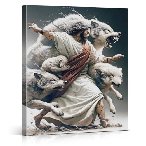 Christian Good Shepherd Wall Art Print - Jesus Saves the Lamb from Wolves Canvas Picture Painting Religious Wall Decor for Home Prayer Room 8x10 Framed - color: color-S