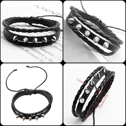 4 Pcs Leather Cuff Bracelets for Men with Spiked Cross Studded Stars Charms - color: Black-Stars Studs