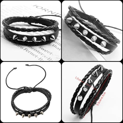 4 Pcs Leather Cuff Bracelets for Men with Spiked Cross Studded Stars Charms - color: Black-Stars Studs