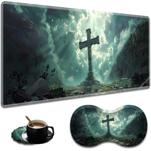 Ergonomic Cross Extended Mouse Pad 31.5" x 11.8" Set, with Wrist Rest & Lace Coasters, Pain Relief Design, Non-Slip Desk Mat for Home & Gaming - color: Cross