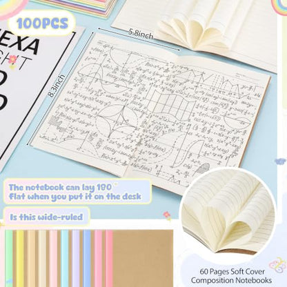 Handepo 100 Pack A5 Composition Notebooks 5"x8" Wide Ruled Notebook - color: Fresh Macaron, size: A5