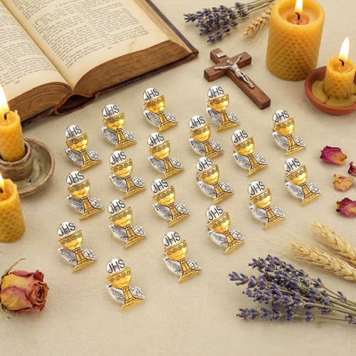 Hoteam 50 Pcs First Communion Enamel Lapel Pins Bulk Chalice with Grapes and Wheat Gold Plated Religious Pins Gifts for First Holy Communion Catholic Baptism Christian Memorial Favors - style: Retro