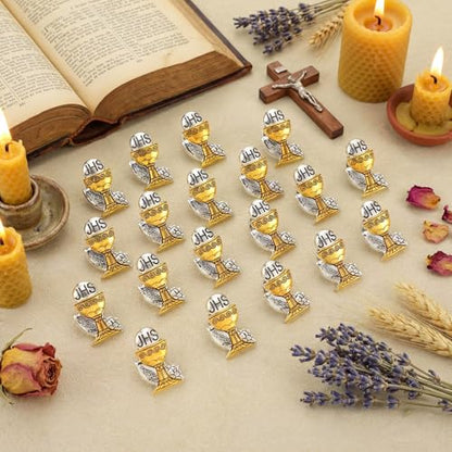 Hoteam 50 Pcs First Communion Enamel Lapel Pins Bulk Chalice with Grapes and Wheat Gold Plated Religious Pins Gifts for First Holy Communion Catholic Baptism Christian Memorial Favors - style: Retro